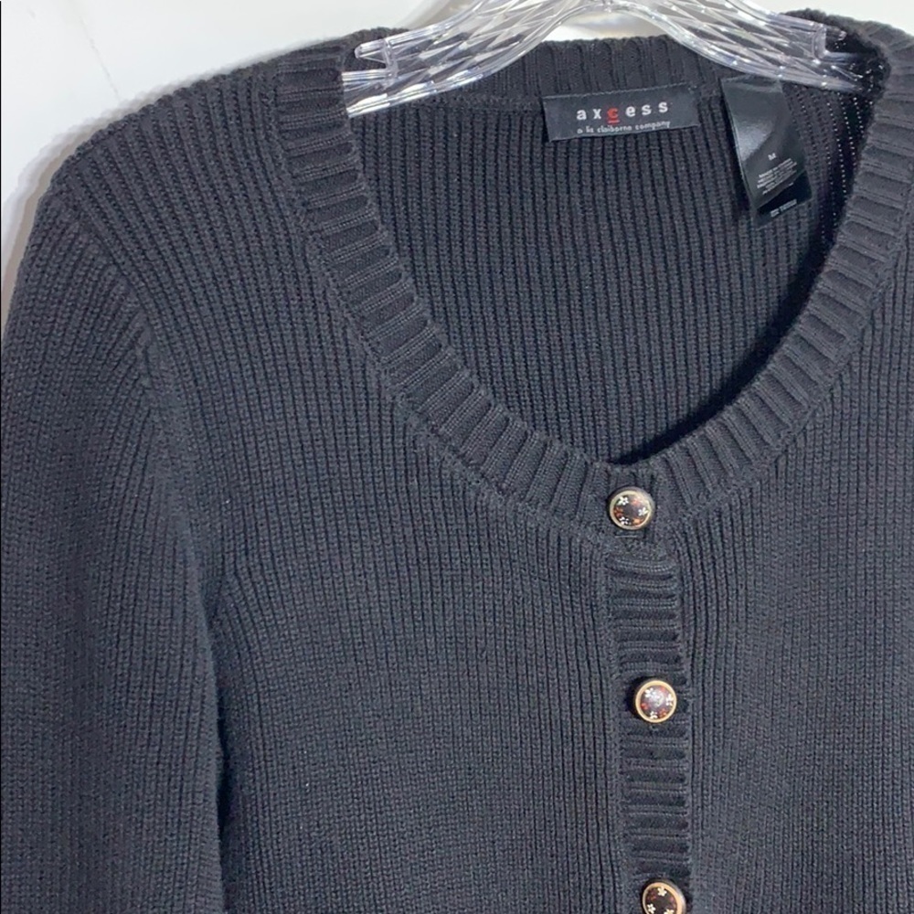 LAxcess Liz Claiborne Black Knit cardigan hand painted flower button down top - Picture 2 of 8